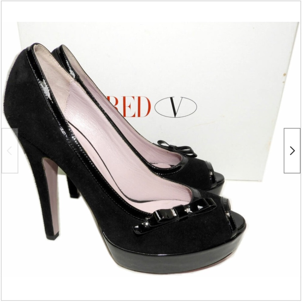 Red Valentino Bow Trim Platform Pumps Black Suede Peep Toe Shoes 6.5 (EUR 36.5)